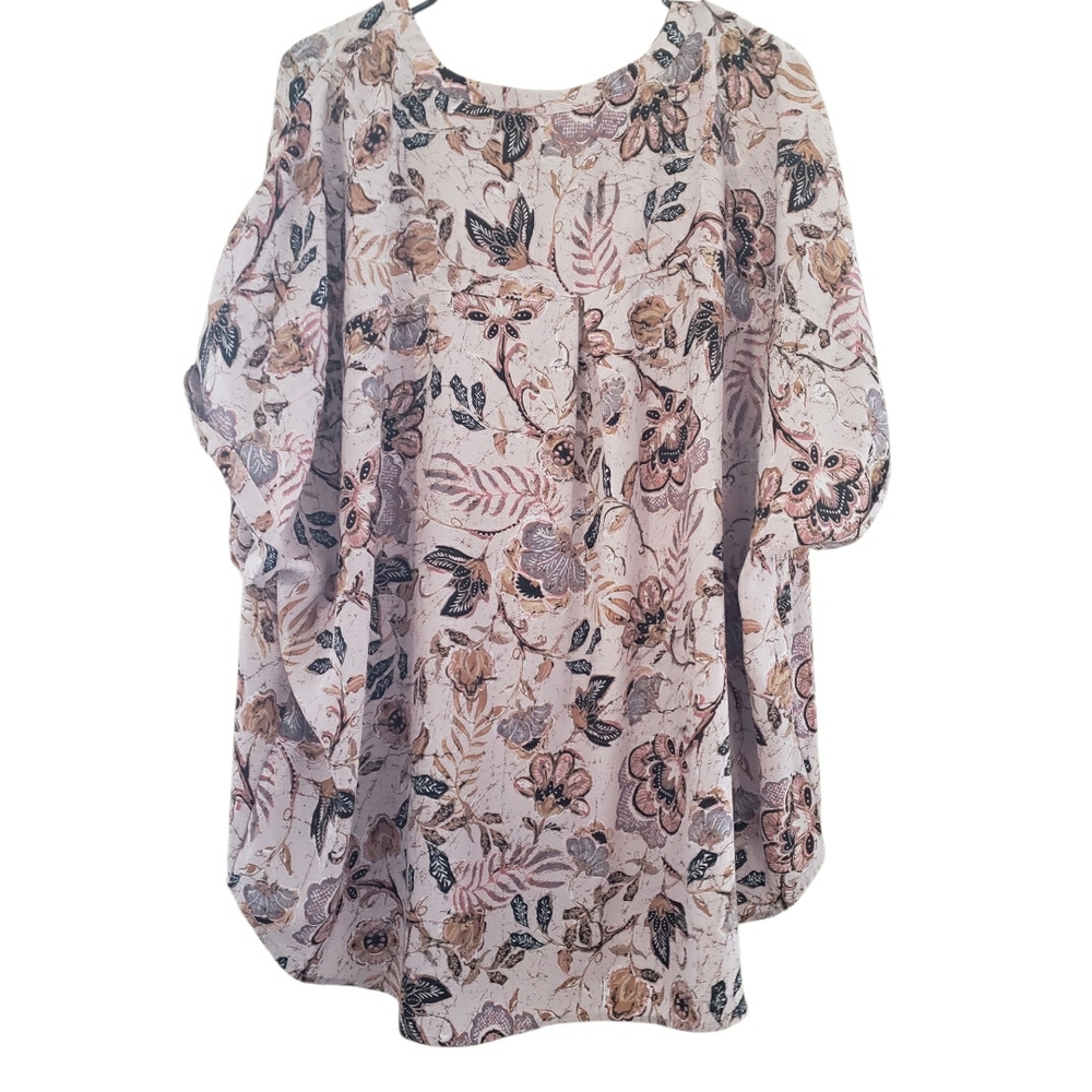 Maurices Floral Split-Neck Tunic Blouse in Cream, Pink, Brown - Picture 2 of 2